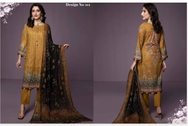 3 Piece Unstitched Digital Printed lawn shirt, Embroidered Neckline  ready to wear DORIYA Bamber Chiffon dupatta with TASSLES