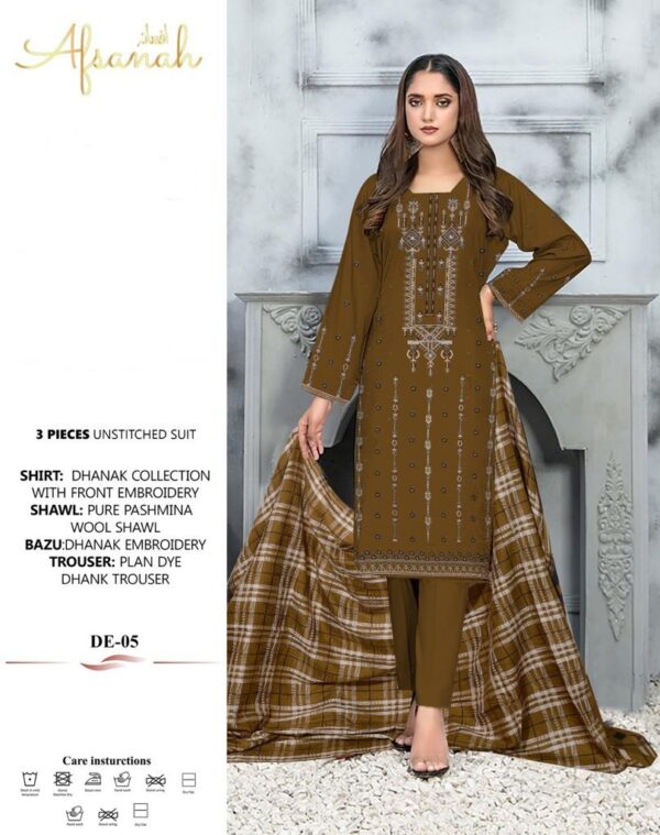 3 PIECES UNSTITCHED DHANAK ,FRONT EMBROIDERY with PASHMINA WOOL SHAWL